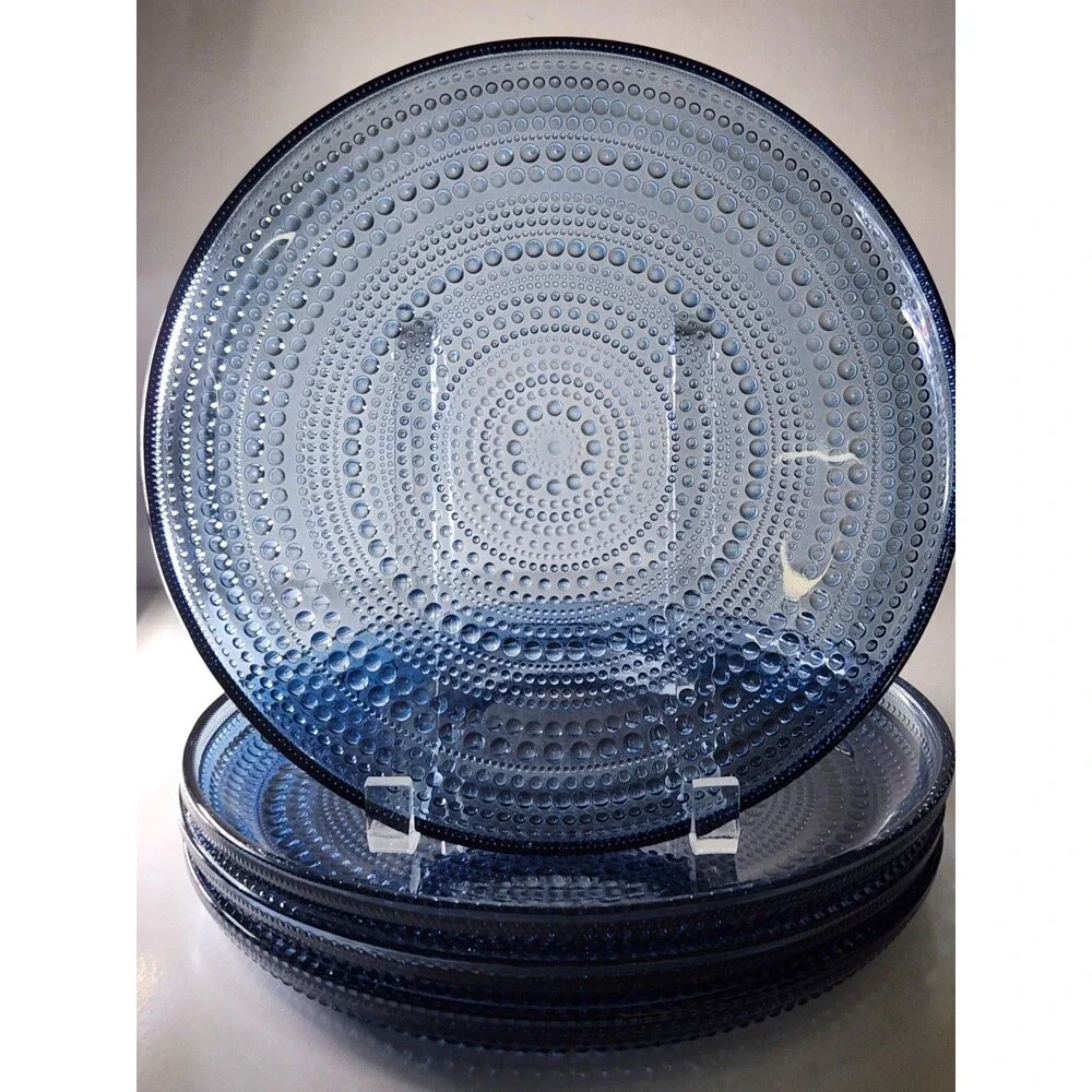 Set of 4 Iittala Kastehelmi Blue Rain Plates Oiva Toikka 9 5/8